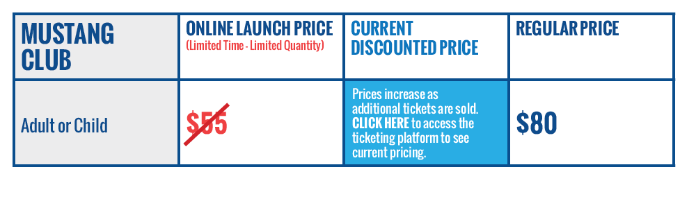 Pricing Table for Mustang Club Ticket to Air Show - Adult or Child. See Long Description